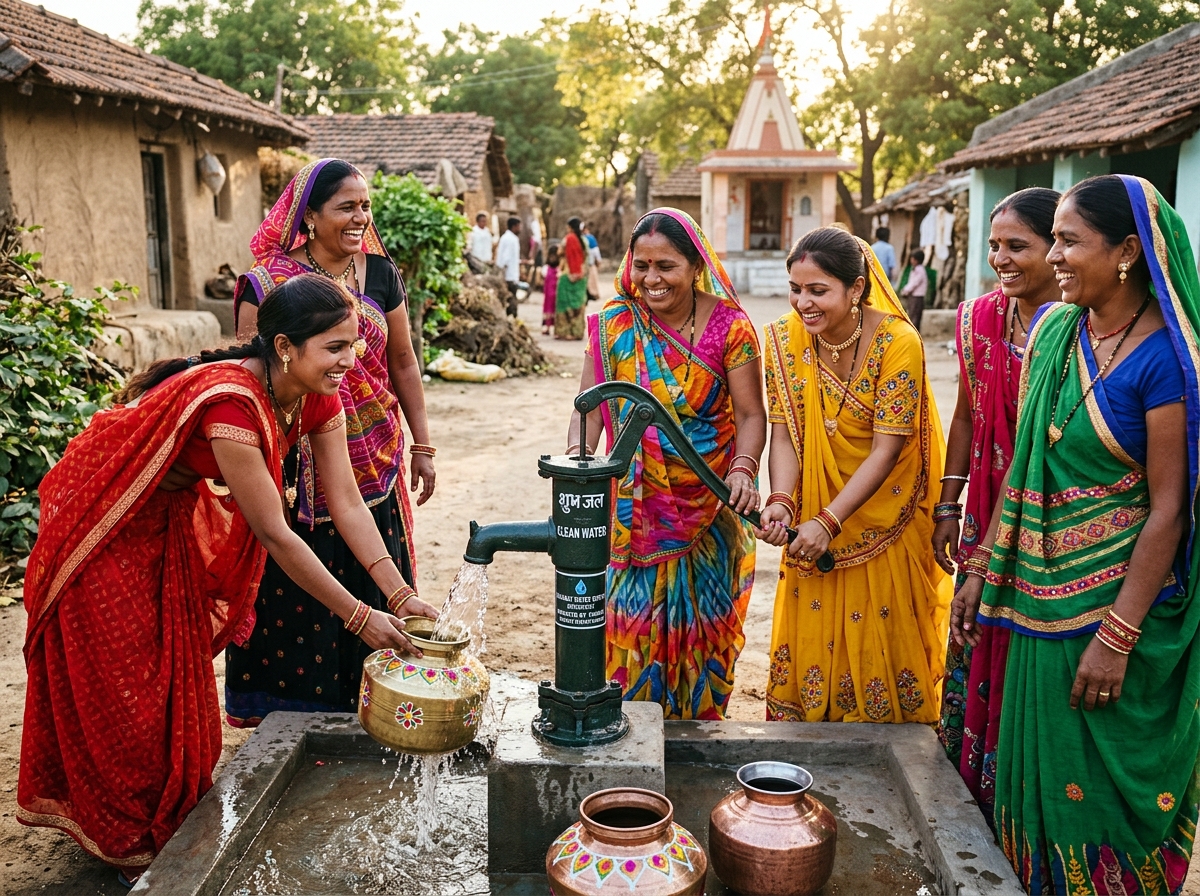 Women gathering clean water from a pump in a Gujarat village